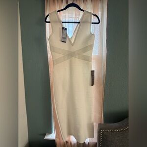 bebe White V-Neck Midi Dress